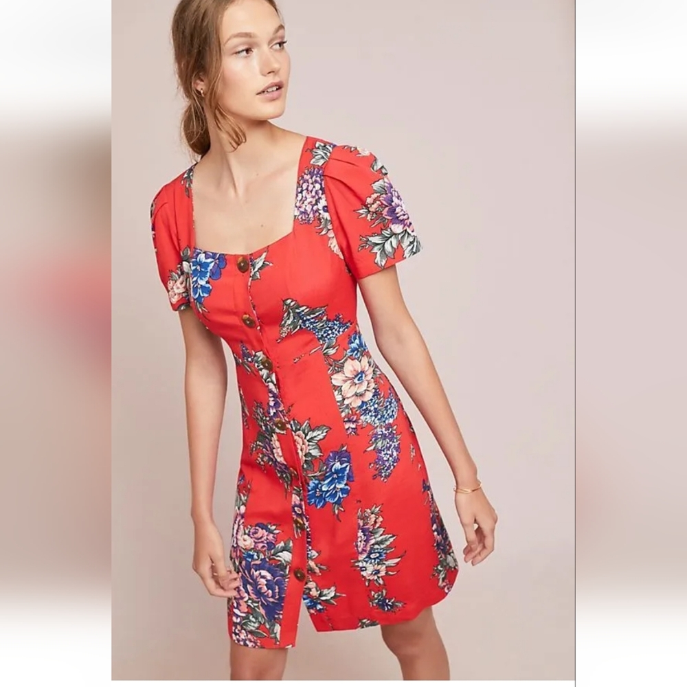 Mauve By Anthropologie Red Floral Short Sleeves Button Front Midi Dress Size 12